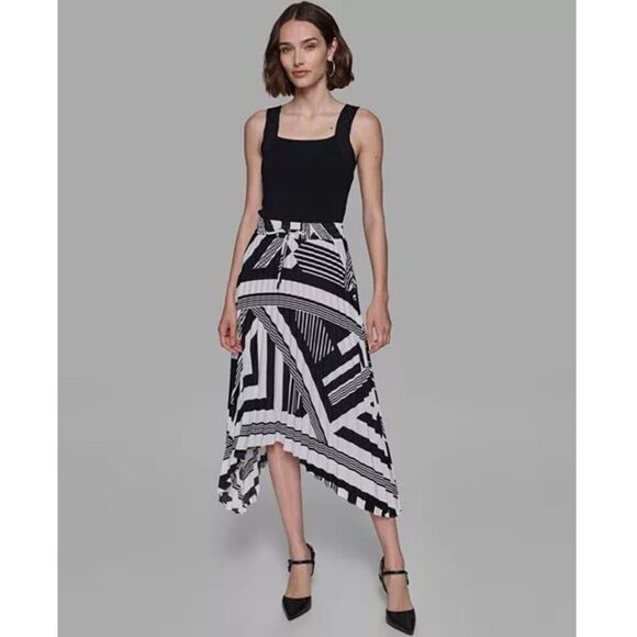 Karl Lagerfeld Paris Geometric Shark Bite Hem Pleated Skirt in Black/White Small - Picture 8 of 8